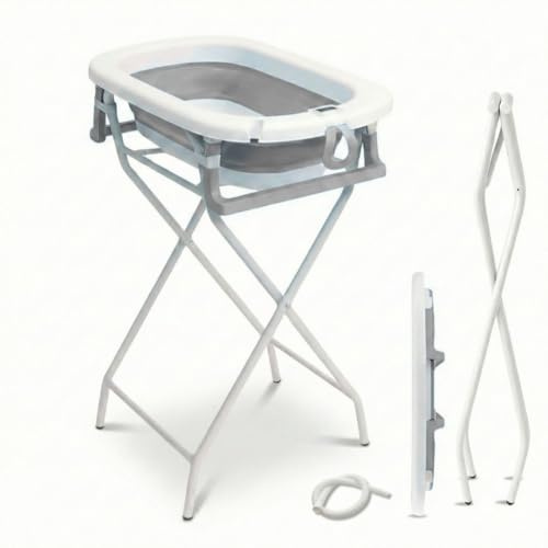 BAÑERA PLEGABLE PARA BEBÉ | Diseño Portátil y Plegable | Recién Nacido | Con Termómetro + Patas Antideslizantes + Tapón de Desagüe (Gris Soporte)