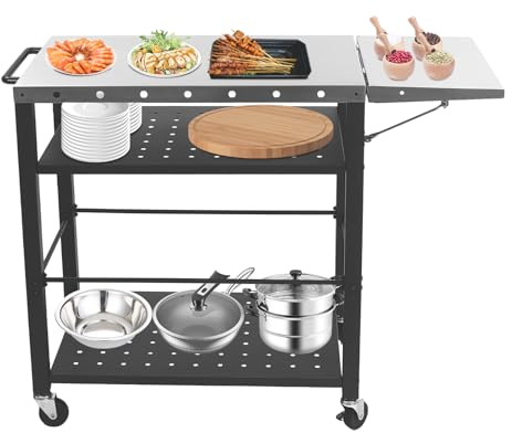 Carro de barbacoa plegable, carro de barbacoa con 3 niveles, mesa auxiliar plegable y ruedas giratorias 360°, mesa de barbacoa de acero inoxidable, carrito para barbacoa y jardín