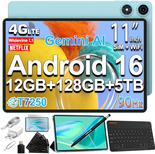 TECLAST P50 Tablet 11 Pulgadas Android 16 Tableta 90Hz, Doble SIM 4G LTE + 5G WiFi, 2GHz Octa-Core T7250 Gemini AI, 128GB ROM(TF 5TB), 7000mAh/Widevine L1/GPS/3.5MM/OTG, Tablet con Teclado+Lápiz+Funda