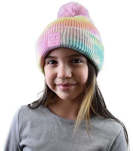 C.C Kids' Children's Winter Thick Knit Tie Dye Pom Cuff Beanie, Cotton Candy