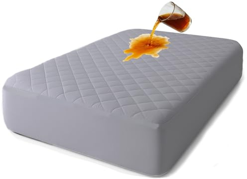 Protector de colchón de algodón, colchón Acolchado con Tratamiento antialérgico, Impermeable, antiácaros, Flexible y silencioso, Protector Transpirable (Gris, 140 x 190/200 + (35-40))