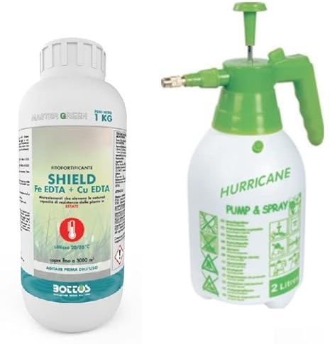 Bottos SHIELD, Fitofortificante che eleva le naturali capacità di resistenza del tappeto erboso in Estate, concime fertilizzante liquido con Rame e Ferro (1kg con Pompa Spruzzatore a Pressione 2L)