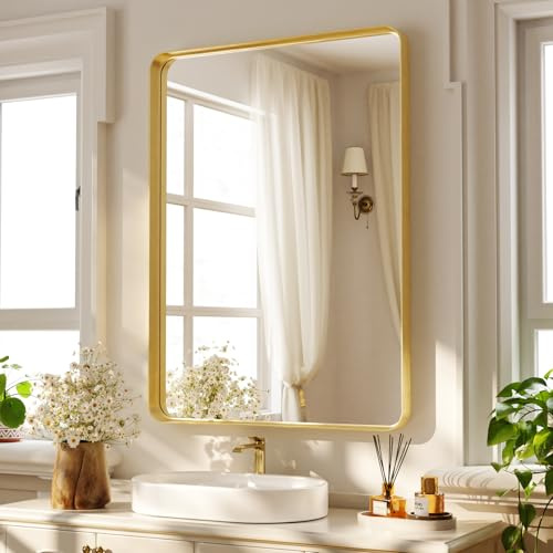 Koonmi djup ram väggspegel, 75 x 55 cm lyx high-end rektangulär badrumsspegel, filéerad hörnram spegel horisontell eller vertikal upphängning, guld