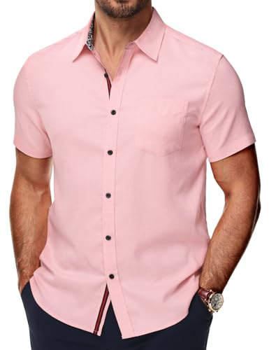 PJ PAUL JONES Chemises Hommes Manches Courtes Coton Chemises Décontractées Coupe Regular Chemise Business Chemise d'Été, rose clair, M