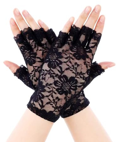 Damen Spitzen Handschuhe,Braut Halbfinger Handschuhe Schwarze Kurze Spitze Handschuhe Fingerlose Handschuhe für Hochzeiten Dinnerpartys Gloves