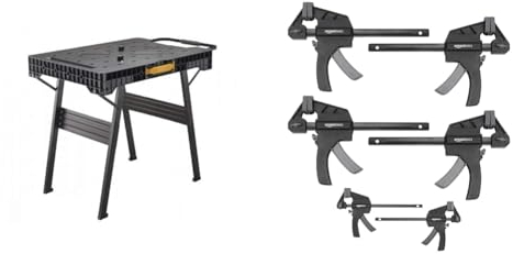 Stanley FatMax klappbare Werkbank & Amazon Basics 6 Stück, Einhandzwinge, 2 Stück 10,16 cm, 4 Stück 15,24 cm, Schwarz Grau