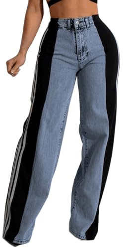 Angsuttc Jean pour femme avec rayures patchwork taille haute extensible denim couleur bloc droite jambe large tendance, noir, Taille M