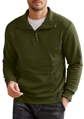COOFANDY Herren Pullover mit Reißverschluss Waffel Casual Pullover Ohne Kapuze Winter Herren mit Taschen Armee Grün XL