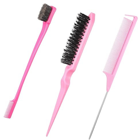 3 Pcs Pink Slick Back Hair Brush, Plastic Bristle With Opp Bags, Double Sided Edge Rat Tail Comb, Teasing Back Comb for Hairdresser, Women, Men, Baby, Kids