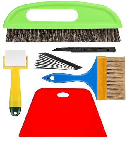 Juego de 6 herramientas para empapelar, incluye alisador de papel pintado, cepillo para empapelar, cuchillo para empapelar, rodillo de costura, juego de papel pintado para contacto adhesivo, vinilo