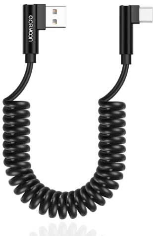 aceyoon Cable USB C Spirale, 3A 60W Câble USB vers USB C Charge Rapide Support QC3.0 Cable USB C Coudé Court Compatible avec Galaxy 24 23, pour Huawei, Rallongé de 0,3m à 0,8m (Noir)