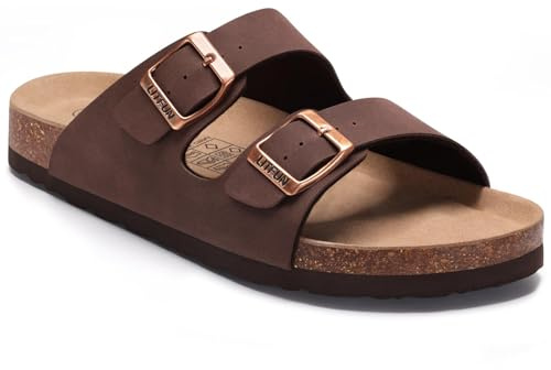 Litfun Women's Cork Footbed Sandal Summer Slip On Slide Sandals with Adjustable Buckle, Brown Size 8-8.5
