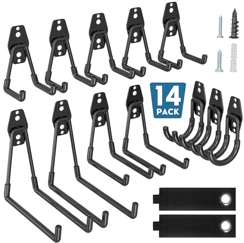 BONTEC Set di 14 Ganci da Garage Neri, Supporto da Parete Antiscivolo, Ganci U e J, Max 402kg su Muri in Legno e Mattoni, Supporto Regolabile per Biciclette, Scale, Attrezzi, Organizzazione Spazi