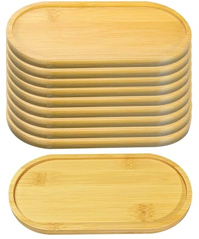 10 stycken ellips bambubrickor, 17,5 x 8,8 x 10 cm små träbrickor, koppunderlägg suckulentbricka, bambubricka för frukost, kaffe, bröd, te, kakor, handdukar och duschtillbehör