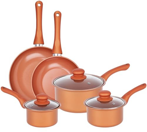 Gr8 Home Copper 8 Piece Carbon Steel Non Stick Kitchen Cookware Set Cooking Pot Frying Pan Saucepan with Glass Lids