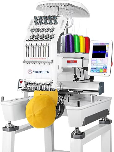 Smartstitch S-1001 Machine à Broder Améliorée 10 Aiguilles,Vitesse Max 1200SPM, Écran Tactile 7,Zone de Broderie 9.5x14.2(24x36cm),Machine à Broder Commerciale pour Tissus Plats,Casquettes,T-shirts