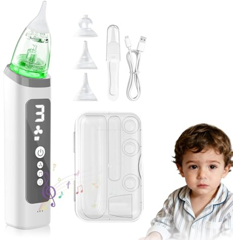 Aspirador Nasal Bebé Eléctrico, Sacamocos Bebe Electrico con 3 Niveles y 3 Puntas de Silicona, Antirreflujo, Aspirador Nasal Eléctrico Recargable Con Pantalla LED, Música Relajante Y Luces de Colores