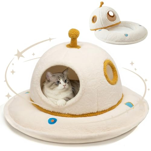 Mellownido Cat Beds for Indoor Cats - 2 in 1 Cute Cat Bed Cave for Large Cats with Removable Washable Cushioned Pillow, UFO Cozy Large Cat Bed Hideaway (Up to 25 Lbs)