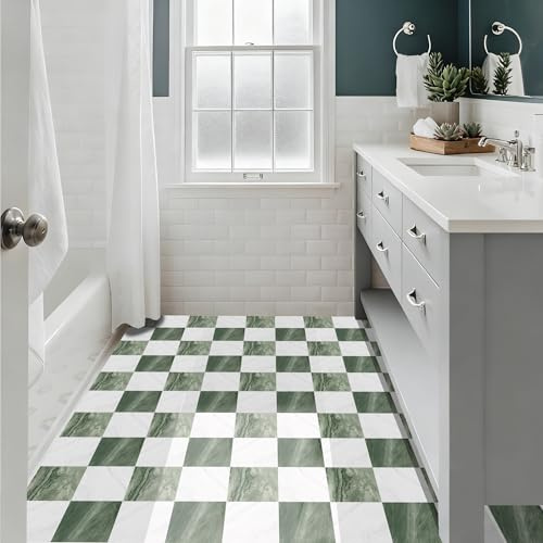 Alwayspon 30x30cmx10Pcs Self-adhesive Flooring Peel and Stick Vinyl Sticker, Non-slip Waterproof Vinyl Floor Tiles Decal for Kitchen Bathroom Living Room, White Green Marble Checkerboard