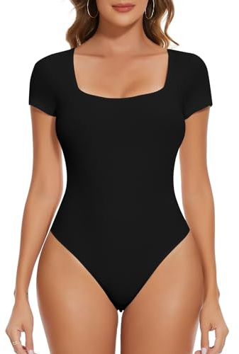 HHRFCS Kvinnor Kortärmad Body Besättning/Firkantig/V-ringad Stringtrosa Bodysuit Topp Enkel undertröja Ribbad Enfärgad Tshirt Toppar