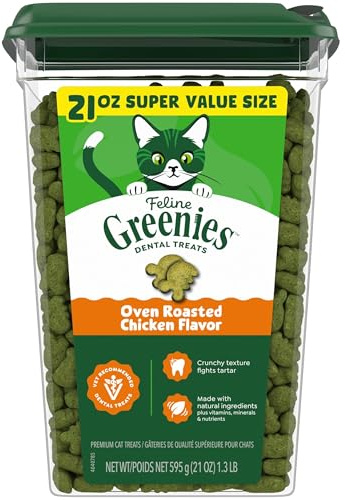 Greenies Cat Treats, Feline Veterinarian-Recommended Adult Natural Dental Cat Treats, Oven Roasted Chicken Flavor, 21 oz. Tub