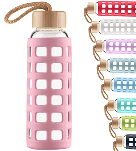 Cleesmil Sports Glass Water Bottle with Silicone Sleeve with Bamboo Lid BPA Free 660 ml (Rose)