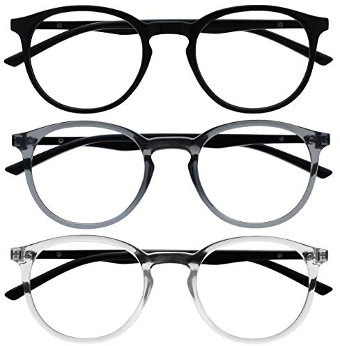 OPULIZE Met Lesebrille 3er Pack Schlank Runder Rahmen Federscharniere Kratzfest Schwarz Transparent Grau Transparent Schwarze Herren Damen RRR60-17C +3.50