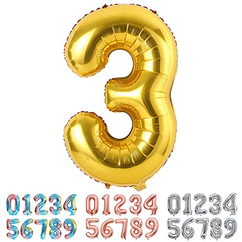 Ponmoo Foil Ballons Chiffre 3 Or, Grands Doré Ballon Numéro 0 1 2 3 4 5 7 8 10-19 20-29 30-39 40 50 60 70 80 90 100, Décoration de Ballons Géants pour Mariages Party et Anniversaires Fête