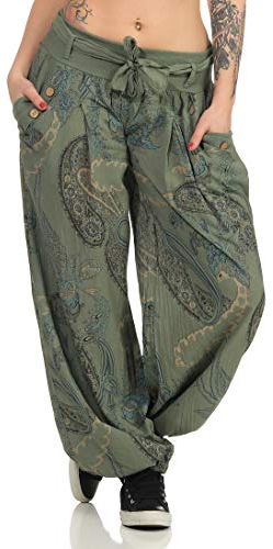 Malito – Haremshose Damen mit Print – Unisize Pumphose aus Baumwolle – Leichte Stoffhose – Sommerhose für warme Tage – Dünne Aladinhose für Frauen 3485 (Oliv)