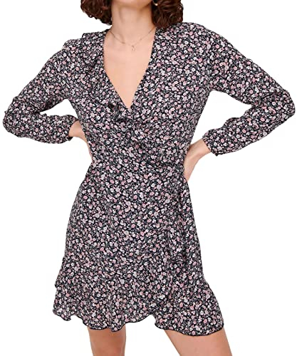 ONLY Damen Onlcarly L/S Wrap Short Dress Noos WVN Kleid, Night Sky/Elly Ditsy, 42 EU