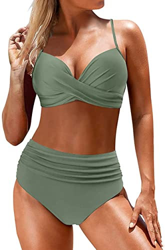 Yutdeng Swimwear Damen Zweiteiliger Badeanzug mit Bügel Crossover Bademode Push-up Bikinioberteil mit Schultergurt Wickel Hohe Taille Bikinihose Bedruckter Plissee-Bikini Set,Grün,XL