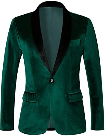 THWEI Mens Velvet Blazer Slim-Fit Solid Color One Button Blazer Sport Coat Jacket for Wedding Dinner Party Green S