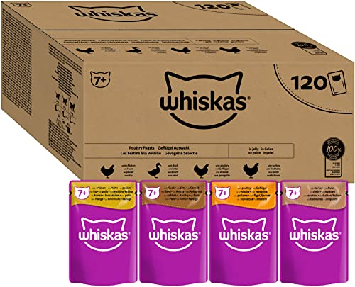 Whiskas Senior 7+ Katzennassfutter Gemischte Auswahl in Gelee, 120 Portionsbeutel, 120x85g (1 Großpackung) – Hochwertiges Katzenfutter nass, für Katzen ab 7 Jahren und älter