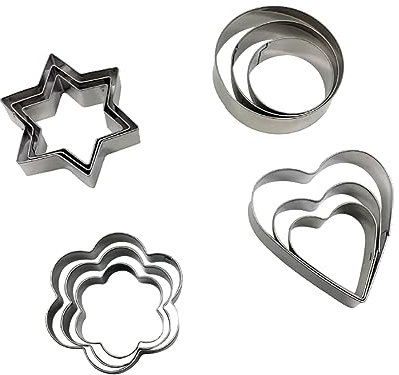 ccHuDE Juego de 12 Cortador Galletas, Cortapastas de Acero Inoxidable con Forma de Estrella, Corazón Redondo, Flores, Moldes para Hornear, Sellos para Masas