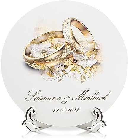 Munera Design - personalisierte Scheibe Geschenk zur Hochzeit 30cm Ringe Gold mit Ständer