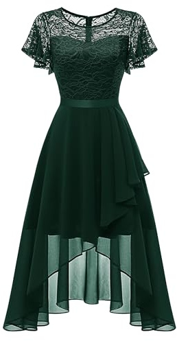 Wedtrend Robe de soirée élégante pour femme - Robe de cocktail - Robe de bal - Robe de bal avec dentelle - Ligne A - Robe courte festive - Robe Vokuhila, vert foncé, M