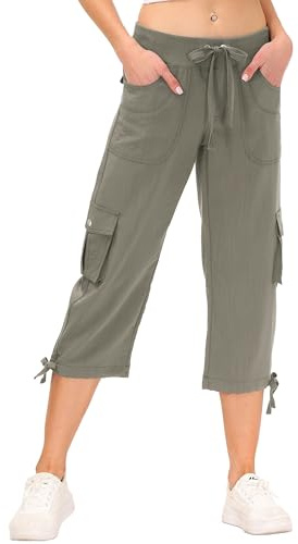JINSHI Byxor dam sommar cargobyxor 3/4 byxor capribyxor vandringsbyxor 6 fickor, Gråkhaki, 3XL