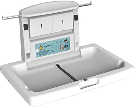 PLUSSEN Baby Changing Station Wall Mounted, Fold Down Commercial Horizontal Baby Changing Table with Safety Strap, Storage Box, Hanging Rod, Horizontal-X1001
