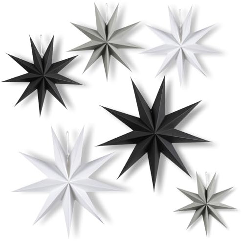 HOVIBU 6 Stelle di Carta Natalizia, 30 cm x 3 + 45 cm x 2 + 25cm x 1 Stelle di Carta da Appendere, Stelle Pieghevoli Decorazione per Natale, Compleanno, Feste, Matrimoni (Nero, Bianco, Grigio)