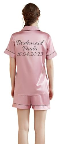 JazJoz Personalised Womens Silk Satin Short Sleeve Pajamas Set 2 Piece Pj Set for Wedding Bridesmaid Bridal Party Gifts