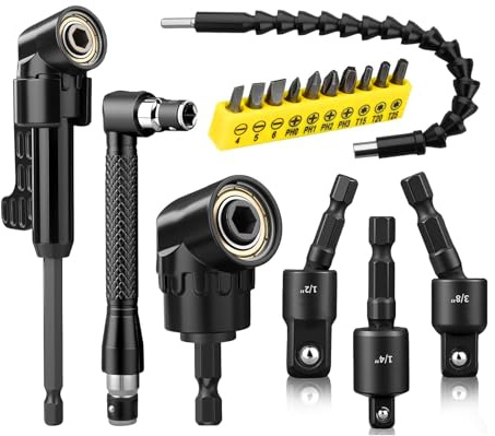 17 Pcs Flexible Drill Bit Extension Kit, Includes 2 Pcs 105° Right Angle Drill Attachment, 3 Pcs Rotatable Socket Adapter, 10 Pcs Screwdriver Bits 90° Angled Bits & Bendable Extension for Tight Spaces