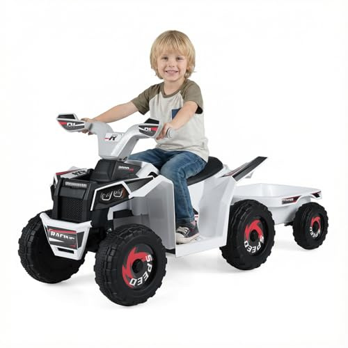 COSTWAY 6V Quad Électrique Enfant avec Remorque Amovible, Voiture Électrique ATV avec 6 Roues Antidérapantes & Bouton & Pédale, Charge 30kg, 2-3 km/h pour Enfant de 3 Ans+ (Blanc)