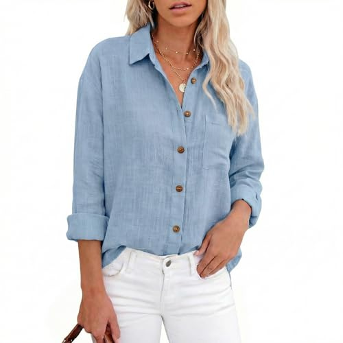 Zidoley Blusa de lino para mujer, blusa casual de gasa de algodón y lino, camisa larga de manga larga, azul celeste, L