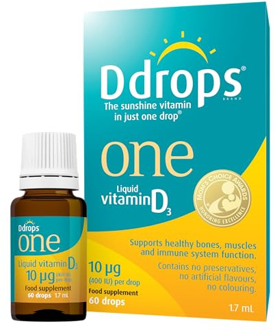 Ddrops One 10 µg 60 Drops - Daily Vitamin D3 Supplement for Kids & Adults. Support Bone Health & Immune System - No Large Capsules, No Preservatives, Non-GMO, Allergen-Friendly