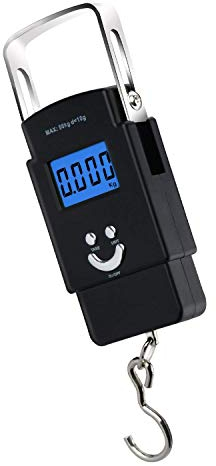 Flybiz Bilancia da Pesca, Bilancino Digitale Elettronico (50kg/110lbs) Display LCD Retroilluminato per la pesca postale cucina, bilancia da appendere con metro a nastro, 2 batterie AAA incluse