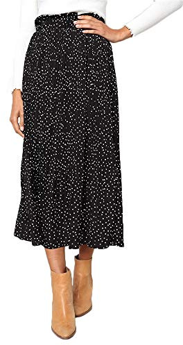 Exlura Womens High Waist Polka Dot Pleated Skirt Midi Swing Skirt with Pockets Black Medium