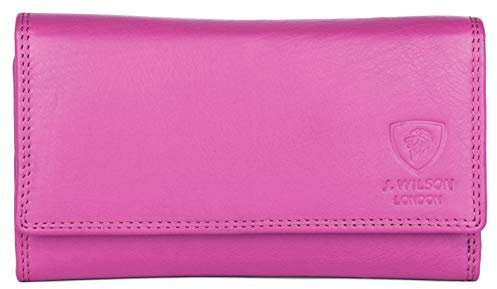 J. Wilson London Portafoglio da donna in vera pelle con protezione RFID, portamonete con cerniera, rosa, M, Contemporaneo