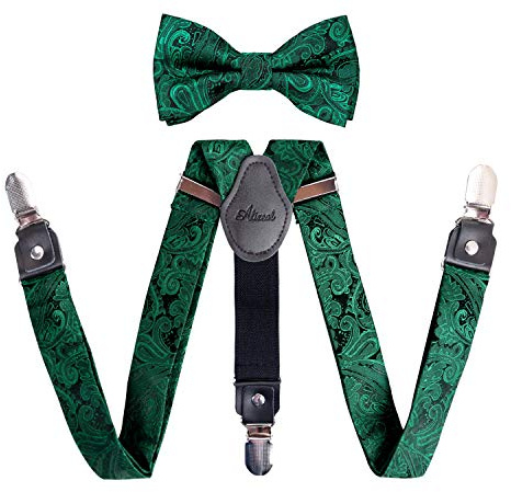 Alizeal Boys Floral Paisley Bow Tie Elastic Suspenders Set, Dark Green