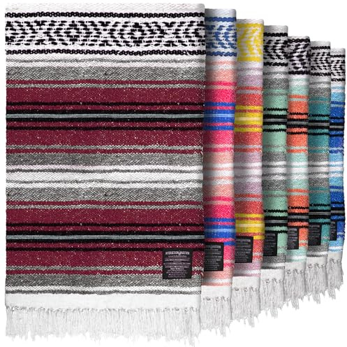 Mexican Blanket (Authentic Handmade Falsa) - Durable, Lightweight Baja Indian Blanket for Yoga, Beach, Camping, Picnic, Car/Truck, Outdoor Mexican Throw, Baja Saddle Blanket, 70x50, Cherry