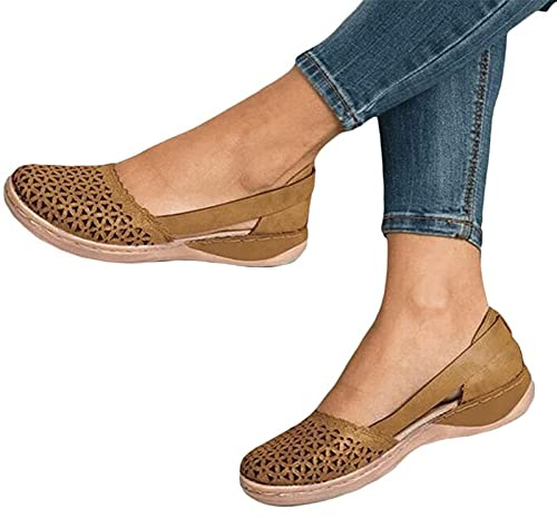 Sandalias para Mujer Casual Verano Hueco Punta Cerrada Sandalia Plana Resbalón en Sandalias Transpirables Mocasines Cómodos Zapatos para Caminar por La Playa,Marrón,US9/EU40
